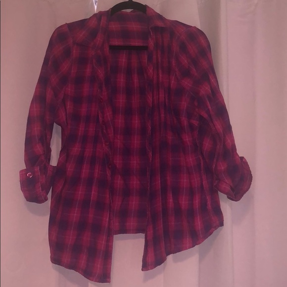 pink and white flannel jacket